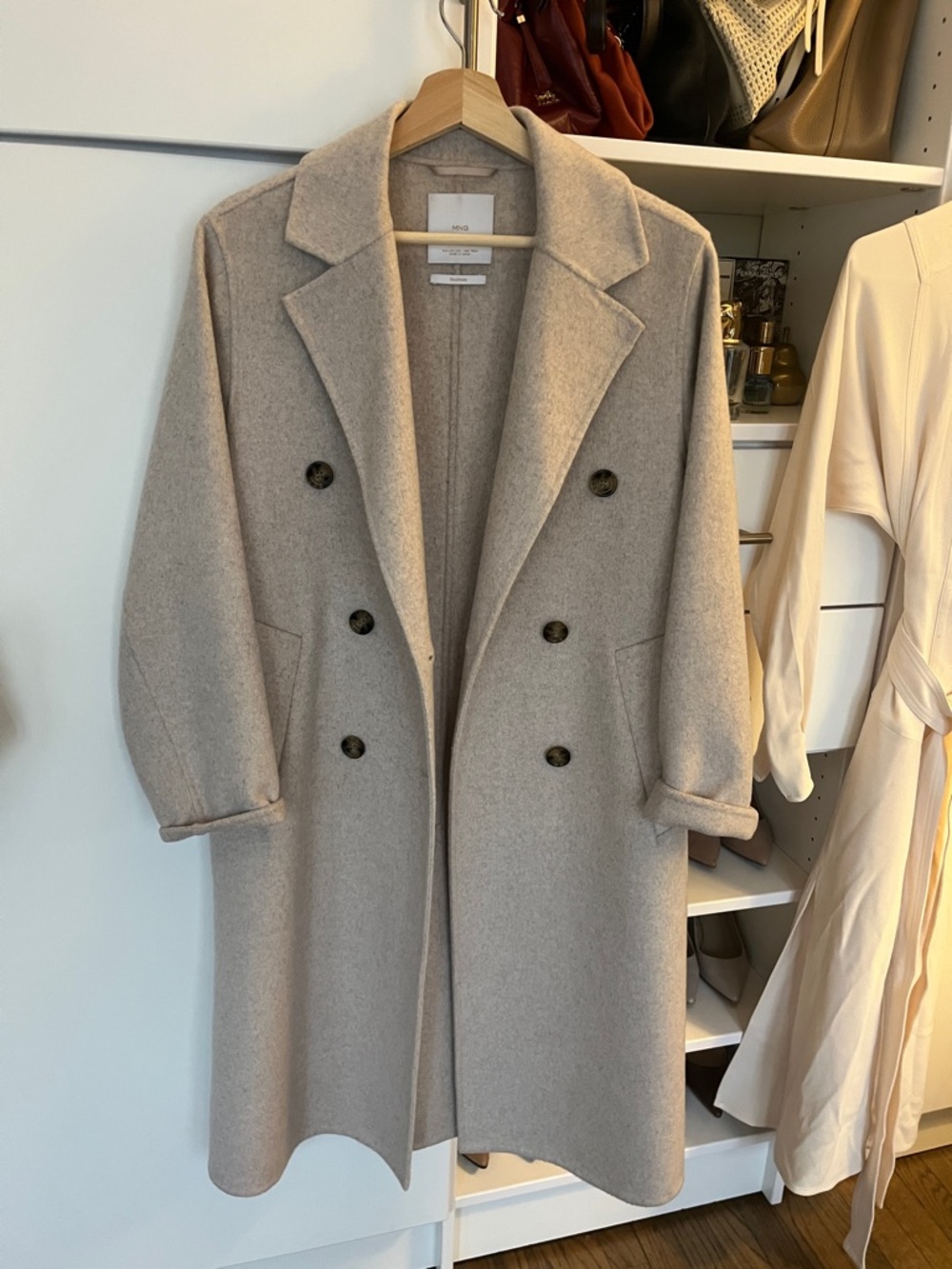 Mango Double-Breasted Pea Coat in Light Beige